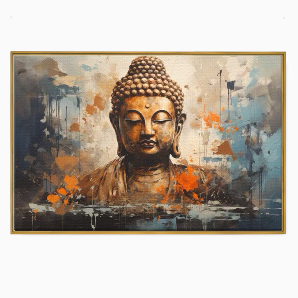 Tablou canvas cu tablou canvas cu bustul lui buddha, in rama de aluminiu auriu